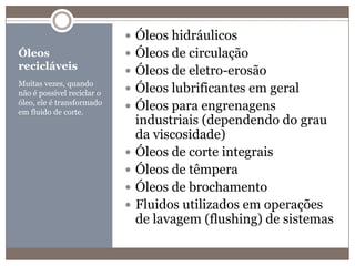 Óleos recicláveisMuitas vezes, quando não é possível reciclar o óleo, ele é transformado em fluido de corte.Óleos hidráulicosÓleos de circulaçãoÓleos de eletro-erosãoÓleos lubrificantes em geralÓleos para engrenagens industriais (dependendo do grau da viscosidade)Óleos de corte integraisÓleos de têmperaÓleos de brochamentoFluidos utilizados em operações de lavagem (flushing) de sistemas