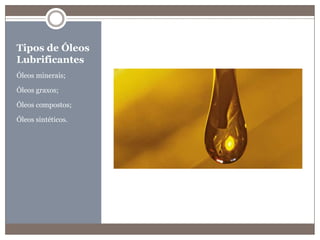 Tipos de Óleos LubrificantesÓleos minerais;Óleos graxos;Óleos compostos;Óleos sintéticos.