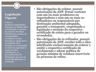 Legislação VigenteCabe ao produtor/importador, informar ao cliente final a destinação e a forma de retorno dos óleos  lubriﬁcantes usados ou contaminados recicláveis ou não. Ressalte-se ainda que o revendedor deve divulgar ao consumidor no local de exposição à venda do óleo lubrificante, os procedimentos de destinação pós-uso na forma disciplinada na resolução.São obrigações do coletor, possuir autorização da ANP, firmar contrato com um ou mais produtores ou importadores e com um ou mais re-refinadores ou responsáveis por destinação ambiental adequada, garantir o transporte, respeitando a legislação e emissão do respectivo certificado de coleta para o gerador ou revendedor. São obrigações do re-refinador, possuir autorização da ANP, receber todo o óleo lubrificante exclusivamente do coletor e emitir o respectivo certificado de recebimento e adotar política de geração mínima de resíduos inservíveis no processo de refino.