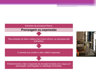 Extraídos de processos físicos: 
Prensagem ou expressão 
Para extração de óleos voláteis para frutos cítricos, os pilocarpos são 
prensados; 
A camada que contêm o óleo volátil é separada; 
Posteriormente o óleo é separado da emulsão formada com a água por 
decantação, centrifugação ou destilação fracionada. 
 