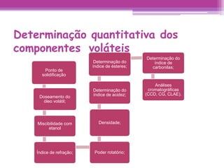 Determinação quantitativa dos 
componentes voláteis 
Ponto de 
solidificação 
Doseamento do 
óleo volátil; 
Miscibilidade com 
etanol 
Determinação do 
índice de ésteres; 
Determinação do 
índice de acidez; 
Densidade; 
Índice de refração; Poder rotatório; 
Determinação do 
índice de 
carbonilas; 
Análises 
cromatográficas 
(CCD, CG, CLAE). 
 