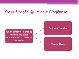 Classificação Química e Biogênese 
Quimicamente, a grande 
maioria dos óleos 
voláteis é constituída de 
derivados: 
Fenilpropanóides 
Terpenóides 
 