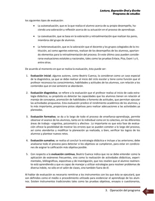 Lectura, Expresión Oral y Escrita
Programa de estudios
3. Operación del programa 25
los siguientes tipos de evaluación:
 La autoevaluación, que es la que realiza el alumno acerca de su propio desempeño, ha-
ciendo una valoración y reflexión acerca de su actuación en el proceso de aprendizaje.
 La coevaluación, que se basa en la valoración y retroalimentación que realizan los pares,
miembros del grupo de alumnos.
 La heteroevaluación, que es la valoración que el docente y los grupos colegiados de la ins-
titución, así como agentes externos, realizan de los desempeños de los alumnos, aportan-
do elementos para la retroalimentación del proceso. En este último caso pueden conside-
rarse evaluaciones estatales y nacionales, tales como las pruebas Enlace, Pisa, Exani I y II,
entre otras.
De acuerdo al momento en que se realiza la evaluación, ésta puede ser:
1. Evaluación inicial; algunos autores, como Beatriz Cuenca, la consideran como un caso especial
de la diagnóstica, ya que se debe realizar al inicio del ciclo escolar y tiene como función que el
profesor reconozca los conocimientos, habilidades y actitudes de los alumnos, con relación a los
contenidos que en ese semestre se abordarán.
2. Evaluación diagnóstica; se refiere a la evaluación que el profesor realiza al inicio de cada estra-
tegia didáctica; su propósito es detectar las capacidades que los alumnos tienen en relación al
manejo de conceptos, promoción de habilidades o fomento de actitudes, que permitan ejecutar
las actividades propuestas. Esta evaluación predice el rendimiento académico de los alumnos, y
lo más importante, proporciona pistas objetivas para realizar adecuaciones a las actividades ya
planeadas.
3. Evaluación formativa; se da a lo largo de todo el proceso de enseñanza-aprendizaje, permite
observar el avance de los alumnos, tanto en lo individual como en lo colectivo, en las diferentes
áreas de trabajo –cognitiva, psicomotriz y afectiva-. Lo importante es que esta fase de evalua-
ción ofrece la posibilidad de mostrar los errores que se pueden cometer a lo largo del proceso,
así como atenderlos y modificar la planeación ya realizada, o bien, verificar los logros de los
alumnos y plantear nuevos retos.
4. Evaluación sumativa; se realiza al concluir la estrategia didáctica e incluye a las anteriores; debe
analizarse todo el proceso para detectar si los objetivos se cumplieron, para estar en condicio-
nes de asignar la calificación más objetiva posible.
5. Con respecto a la evaluación continua, Beatriz Cuenca indica que no se debe entender como la
aplicación de exámenes frecuentes, sino como la realización de actividades didácticas, experi-
mentales, bibliográficas, expositivas y de investigación, que nos revelen que el alumno realmen-
te está aprendiendo y que es capaz de manejar y utilizar estrategias para resolver problemas de
diversa índole, no sólo en el salón de clases, sino también fuera de él.
Al hablar de evaluación es necesario remitirse a los instrumentos con los que ésta se ejecutará, que
son definidos como el medio o procedimiento utilizado para evidenciar el aprendizaje de los alum-
nos. Existen instrumentos tradicionales tales como las pruebas objetivas, ensayos o cuestionarios,
 