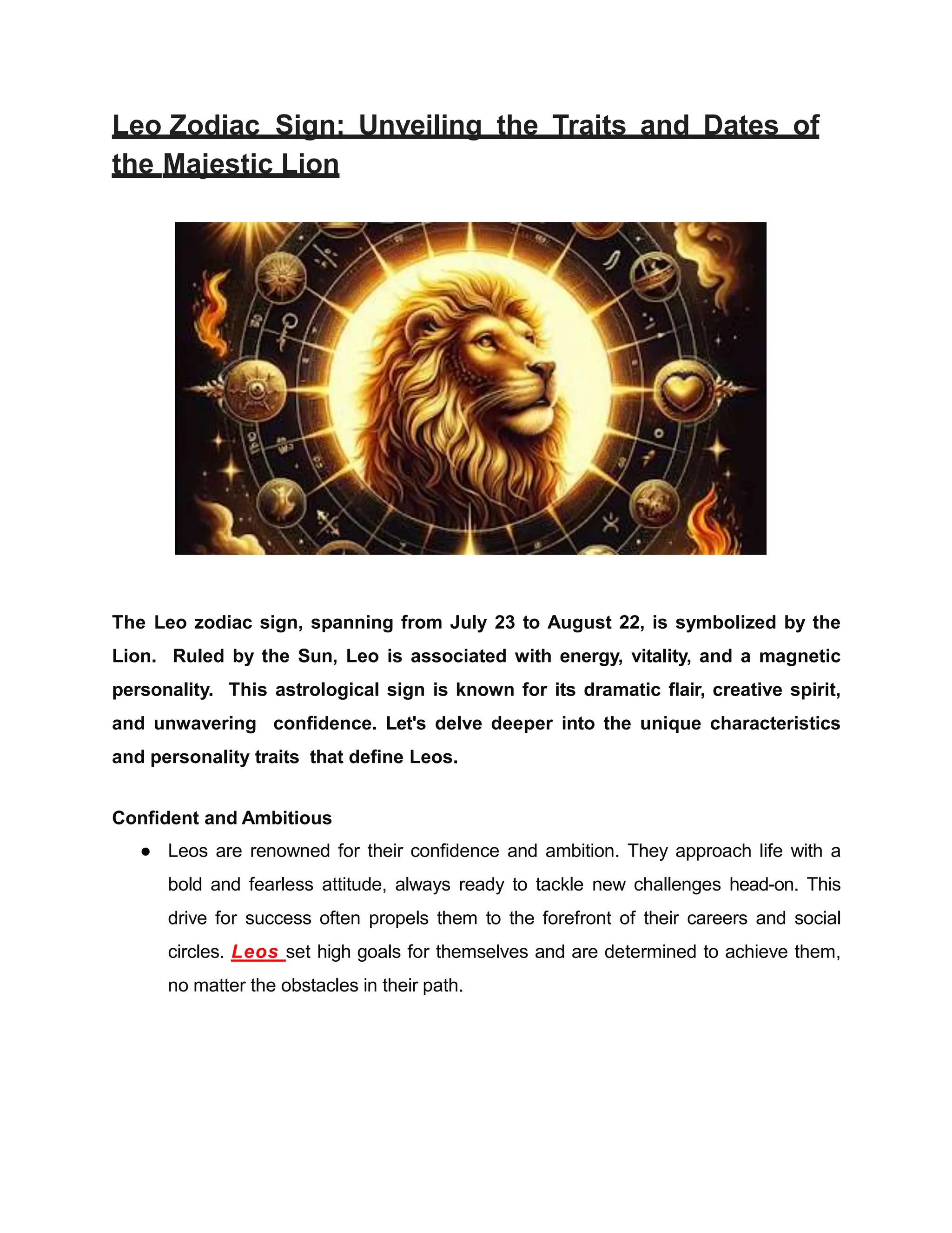 Leo Zodiac Sign Traits, Dates, and the Bold Spirit of the Lion PDF