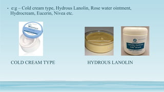 • e:g – Cold cream type, Hydrous Lanolin, Rose water ointment,
Hydrocream, Eucerin, Nivea etc.
COLD CREAM TYPE HYDROUS LANOLIN
 
