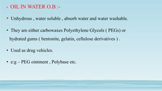 • OIL IN WATER O.B :-
• Unhydrous , water soluble , absorb water and water washable.
• They are either carbowaxes Polyethylene Glycols ( PEGs) or
hydrated gums ( bentonite, gelatin, cellulose derivatives ) .
• Used as drug vehicles.
• e:g – PEG ointment , Polybase etc.
 