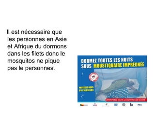 Il est nécessaire que les personnes en Asie et Afrique du dormons dans les filets donc le mosquitos ne pique pas le personnes. 
