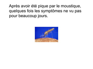 Apr è s avoir  été pique par le moustique, quelques fois les symptômes ne vu pas pour beaucoup jours. 