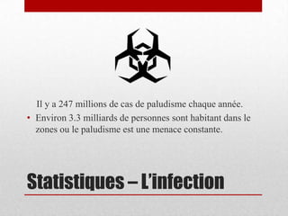 Il y a 247 millions de cas de paludisme chaque année.
• Environ 3.3 milliards de personnes sont habitant dans le
  zones ou le paludisme est une menace constante.




Statistiques – L’infection
 