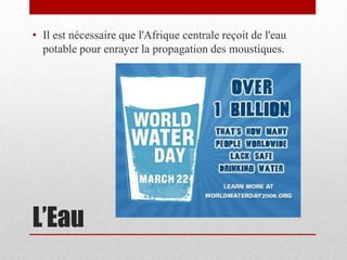 • Il est nécessaire que l'Afrique centrale reçoit de l'eau
  potable pour enrayer la propagation des moustiques.




L’Eau
 