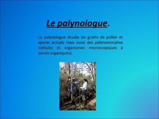 Le palynologue.
Le palynologue étudie les grains de pollen et
spores actuels mais aussi des palynomorphes
(cellules et organismes microscopiques à
parois organiques).
 