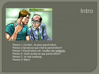 Intro Person 1:J'ai faim. Je peux pancitbihon.Person 2:Qu'est-ce que c'est le pancitbihon?Person 1:Pancitbihon est  nouilles des philipine.Person 2: Oooh qu'est-ce que pancitbihon?Person 1: Je vais explique.Person 2: Merci.