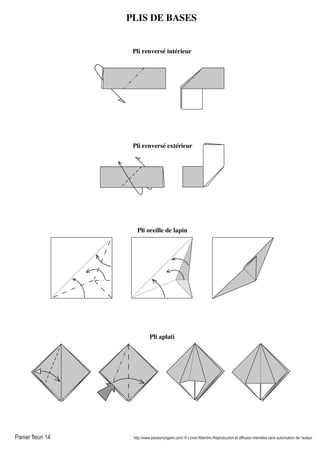 Panier fleuri 14 http://www.passionorigami.com/ © Lionel Albertino Reproduction et diffusion interdites sans autorisation de l’auteur
PLIS DE BASES
Pli oreille de lapin
Pli aplati
Pli renversé intérieur
Pli renversé extérieur
 