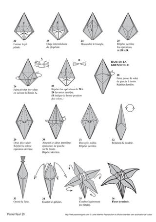 Panier fleuri 20 http://www.passionorigami.com/ © Lionel Albertino Reproduction et diffusion interdites sans autorisation de l’auteur
34
Ecarter les pétales.
24
Descendre le triangle.
29
Deux plis vallée.
Répéter la même
opération derrière.
33
Ouvrir la fleur.
35
Courber légèrement
les pétales.
22
Former le pli
pétale.
23
Etape intermédiaire
du pli pétale.
25
Répéter derrière
les opérations
de 20 à 24.
26
Faire pivoter les volets
en suivant le dessin A.
A
a b
cd
B
c
d a
b
27
Répéter les opérations de 20 à
24 devant et derrière.
(B indique la bonne position
des volets.)
28
Faire passer le volet
de gauche à droite.
Répéter derrière.
30
Amener les deux premières
épaisseurs de gauche
sur la droite.
Répéter derrière.
31
Deux plis vallée.
Répéter derrière.
32
Rotation du modèle.
BASE DE LA
GRENOUILLE
36
Fleur terminée.
 