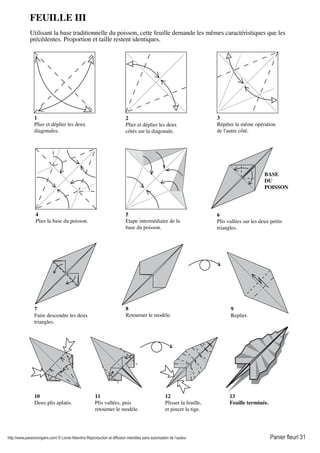http://www.passionorigami.com/ © Lionel Albertino Reproduction et diffusion interdites sans autorisation de l’auteur Panier fleuri 31
1
Plier et déplier les deux
diagonales.
2
Plier et déplier les deux
côtés sur la diagonale.
3
Répéter la même opération
de l'autre côté.
4
Plier la base du poisson.
FEUILLE III
Utilisant la base traditionnelle du poisson, cette feuille demande les mêmes caractéristiques que les
précédentes. Proportion et taille restent identiques.
5
Etape intermédiaire de la
base du poisson.
6
Plis vallées sur les deux petits
triangles.
7
Faire descendre les deux
triangles.
8
Retourner le modèle.
9
Replier.
10
Deux plis aplatis.
11
Plis vallées, puis
retourner le modèle.
12
Plisser la feuille,
et pincer la tige.
13
Feuille terminée.
BASE
DU
POISSON
 