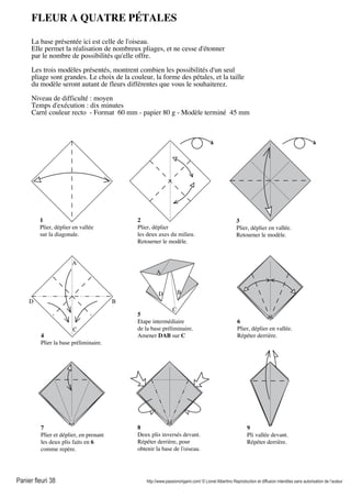 Panier fleuri 38 http://www.passionorigami.com/ © Lionel Albertino Reproduction et diffusion interdites sans autorisation de l’auteur
FLEUR A QUATRE PÉTALES
La base présentée ici est celle de l'oiseau.
Elle permet la réalisation de nombreux pliages, et ne cesse d'étonner
par le nombre de possibilités qu'elle offre.
Les trois modèles présentés, montrent combien les possibilités d'un seul
pliage sont grandes. Le choix de la couleur, la forme des pétales, et la taille
du modèle seront autant de fleurs différentes que vous le souhaiterez.
Niveau de difficulté : moyen
Temps d'exécution : dix minutes
Carré couleur recto - Format 60 mm - papier 80 g - Modèle terminé 45 mm
1
Plier, déplier en vallée
sur la diagonale.
2
Plier, déplier
les deux axes du milieu.
Retourner le modèle.
3
Plier, déplier en vallée.
Retourner le modèle.
4
Plier la base préliminaire.
A
B
C
D
5
Etape intermédiaire
de la base préliminaire.
Amener DAB sur C
6
Plier, déplier en vallée.
Répéter derrière.
7
Plier et déplier, en prenant
les deux plis faits en 6
comme repère.
8
Deux plis inversés devant.
Répéter derrière, pour
obtenir la base de l'oiseau.
9
Pli vallée devant.
Répéter derrière.
B
C
D
A
 