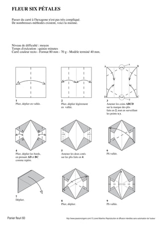 Panier fleuri 60 http://www.passionorigami.com/ © Lionel Albertino Reproduction et diffusion interdites sans autorisation de l’auteur
FLEUR SIX PÉTALES
Passer du carré à l'hexagone n'est pas très compliqué.
De nombreuses méthodes existent, voici la mienne.
Niveau de difficulté : moyen
Temps d'exécution : quinze minutes
Carré couleur recto - Format 80 mm - 70 g - Modèle terminé 40 mm.
1
Plier, déplier en vallée.
2
Plier, déplier légèrement
en vallée.
3
Amener les coins ABCD
sur la marque des plis
faits en 2, tout en surveillant
les points x y.
y
x
A B
CD
4
Plier, déplier les bords,
en prenant AD et BC
comme repère.
5
Amener les deux cotés
sur les plis faits en 4.
6
Pli vallée.
7
Déplier. 8
Plier, déplier.
9
Pli vallée.
A B
CD
 