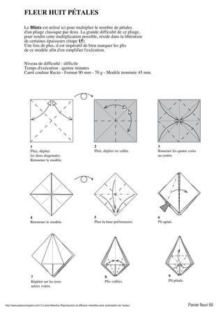 http://www.passionorigami.com/ © Lionel Albertino Reproduction et diffusion interdites sans autorisation de l’auteur Panier fleuri 69
FLEUR HUIT PÉTALES
Le Blintz est utilisé ici pour multiplier le nombre de pétales
d'un pliage classique par deux. La grande difficulté de ce pliage,
pour rendre cette multiplication possible, réside dans la libération
de certaines épaisseurs (étape 15).
Une fois de plus, il est impératif de bien marquer les plis
de ce modèle afin d'en simplifier l'exécution.
Niveau de difficulté : difficile
Temps d'exécution : quinze minutes
Carré couleur Recto - Format 90 mm - 70 g - Modèle terminée 45 mm.
1
Plier, déplier
les deux diagonales.
Retourner le modèle.
2
Plier, déplier en vallée.
3
Ramener les quatre coins
au centre.
4
Retourner le modèle.
5
Plier la base préliminaire.
6
Pli aplati.
7
Répéter sur les trois
autres volets.
8
Plis vallées.
9
Pli pétale.
 