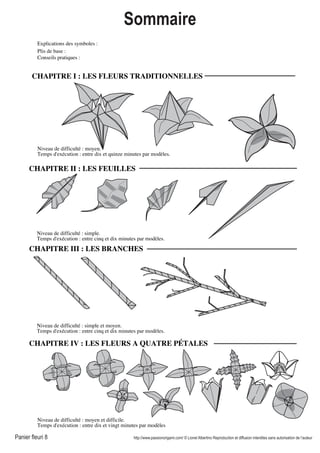 Panier fleuri 8 http://www.passionorigami.com/ © Lionel Albertino Reproduction et diffusion interdites sans autorisation de l’auteur
Niveau de difficulté : simple.
Temps d'exécution : entre cinq et dix minutes par modèles.
Niveau de difficulté : simple et moyen.
Temps d'exécution : entre cinq et dix minutes par modèles.
Niveau de difficulté : moyen.
Temps d'exécution : entre dix et quinze minutes par modèles.
Explications des symboles :
Plis de base :
Conseils pratiques :
CHAPITRE II : LES FEUILLES
CHAPITRE III : LES BRANCHES
CHAPITRE IV : LES FLEURS A QUATRE PÉTALES
CHAPITRE I : LES FLEURS TRADITIONNELLES
Niveau de difficulté : moyen et difficile.
Temps d'exécution : entre dix et vingt minutes par modèles
Sommaire
 