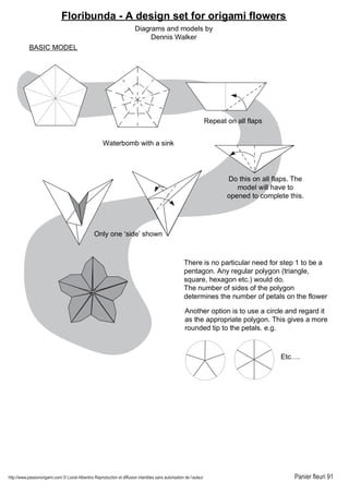 http://www.passionorigami.com/ © Lionel Albertino Reproduction et diffusion interdites sans autorisation de l’auteur Panier fleuri 91
Floribunda - A design set for origami flowers
Diagrams and models by
Dennis Walker
BASIC MODEL
Waterbomb with a sink
Repeat on all flaps
Do this on all flaps. The
model will have to
opened to complete this.
Only one ‘side’ shown
There is no particular need for step 1 to be a
pentagon. Any regular polygon (triangle,
square, hexagon etc.) would do.
The number of sides of the polygon
determines the number of petals on the flower
Another option is to use a circle and regard it
as the appropriate polygon. This gives a more
rounded tip to the petals. e.g.
Etc….
 
