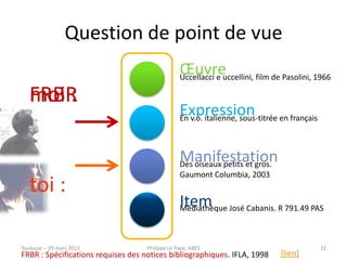 Question de point de vue
                                                 Œuvre
                                                 Uccellacci e uccellini, film de Pasolini, 1966

   moi :
   FRBR
                                                 Expression en français
                                                 En v.o. italienne, sous-titrée



                                                 Manifestation
                                                 Des oiseaux petits et gros.
                                                 Gaumont Columbia, 2003
   toi :
                                                 Item José Cabanis. R 791.49 PAS
                                                 Médiathèque



Toulouse -- 29 mars 2013            Philippe Le Pape, ABES                                 22
FRBR : Spécifications requises des notices bibliographiques. IFLA, 1998        [lien]
 