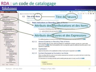 RDA : un code de catalogage

                                                          Titre de l’œuvre

                             Attributs des Manifestations et des Items


                             Attributs des Œuvres et des Expressions




  Toulouse -- 29 mars 2013       Philippe Le Pape, ABES                      32
 
