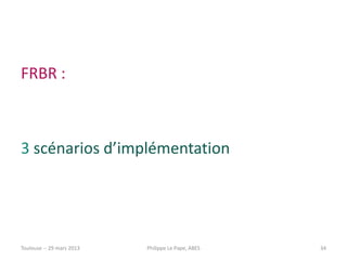 FRBR :



3 scénarios d’implémentation




Toulouse -- 29 mars 2013   Philippe Le Pape, ABES   34
 