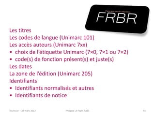 Les titres
Les codes de langue (Unimarc 101)
Les accès auteurs (Unimarc 7xx)
• choix de l’étiquette Unimarc (7×0, 7×1 ou 7×2)
• code(s) de fonction présent(s) et juste(s)
Les dates
La zone de l’édition (Unimarc 205)
Identifiants
• Identifiants normalisés et autres
• Identifiants de notice

Toulouse -- 29 mars 2013   Philippe Le Pape, ABES   55
 