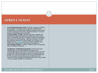 13

APRES L’ACHAT


10) Communication suivi. 25% des marques vendant
des produits n’envoient pas de mail de confirmation
d’expédition, un chiffre qui m'effraie quand on sait à quel
point la réassurance dans les "derniers mètres" (comme
on dit en logistique) est essentielle.
11) Livraison / Colis. 55% des marques vendant des
produits ne joignent pas de formulaire de retour à leur
colis - Seulement 33% des marques vendant des produits
proposent un retour gratuit - 59% des marques vendant
des produits étendent la durée légale des retours (7 j).
Rappelons que Zappos permet un retour pendant 365
jours, pour vous donner une idée de l'excellence...
12) Compte client. La FNAC s'illustre dans ce domaine
selon le cabinet iVentures.
13) Retour et Remboursement. 61% des marques
vendant des services permettent d’annuler une
commande jusqu’au jour de la réservation. Puma est cité
en bon éléve dans cette étape, ainsi que Amazon pour la
qualité de sa fonctionnalité de retour et remboursement.
Je cite souvent Amazon dans mes conférences et je
montre à l'écran la page d'explication du retour de produit
: c'est une page simple avec 3 dessins !

some rights reserved cc 2012 visionarymarketing.com

2013

 