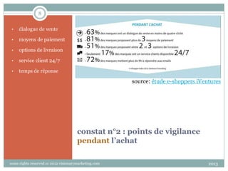 8
•

dialogue de vente

•

moyens de paiement

•

options de livraison

•

service client 24/7

•

temps de réponse

source: étude e-shoppers iVentures

constat n°2 : points de vigilance
pendant l’achat
some rights reserved cc 2012 visionarymarketing.com

2013

 