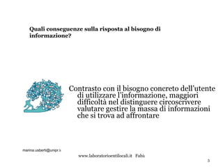 Contrasto con il bisogno concreto dell’utente di utilizzare l’informazione, maggiori difficoltà nel distinguere circoscrivere valutare gestire la massa di informazioni che si trova ad affrontare Quali conseguenze sulla risposta al bisogno di informazione? [email_address] t 