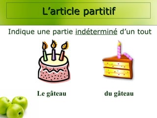 L’article partitif Indique une partie  indéterminé  d’un tout Le gâteau du gâteau 