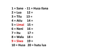 1 = Sane - 11 = Husa Ilana
2 = Lua 12 =
3 = Tilu 13 =
4 = Atiu 14 =
5 = Limai 15 =
6 = Neni 16 =
7 = Itu 17 =
8 = Walu 18 =
9 = Siwa 19 =
10 = Husa 20 = hutu lua
 