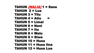 TAHUN (NALIA) 1 = Sane
TAHUN 2 = Lua
TAHUN 3 = Tilu
TAHUN 4 = Atiu =
TAHUN 5 = Limai
TAHUN 6 = Neni
TAHUN 7 = Itu
TAHUN 8 = Walu
TAHUN 9 = Siwa
TAHUN 10 = Husa
TAHUN 11 = Husa Ilna
TAHUN 12 = Husa Lua
 
