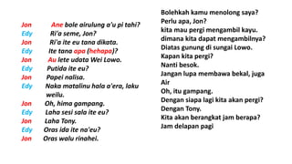 Jon Ane bole airulung a'u pi tahi?
Edy Ri'a seme, Jon?
Jon Ri'a ite eu tana dikata.
Edy Ite tana apa (hehapa)?
Jon Au lete udata Wei Lowo.
Edy Putida ite eu?
Jon Papei nalisa.
Edy Naka matalinu hala a'era, laku
weilu.
Jon Oh, hima gampang.
Edy Laha sesi sala ite eu?
Jon Laha Tony.
Edy Oras ida ite na'eu?
Jon Oras walu rinahei.
Bolehkah kamu menolong saya?
Perlu apa, Jon?
kita mau pergi mengambil kayu.
dimana kita dapat mengambilnya?
Diatas gunung di sungai Lowo.
Kapan kita pergi?
Nanti besok.
Jangan lupa membawa bekal, juga
Air
Oh, itu gampang.
Dengan siapa lagi kita akan pergi?
Dengan Tony.
Kita akan berangkat jam berapa?
Jam delapan pagi
 