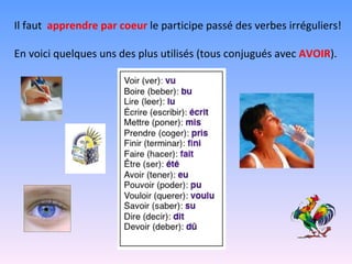 Il faut  apprendre par coeur  le participe passé des verbes irréguliers! En voici quelques uns des plus utilisés (tous conjugués avec  AVOIR ). 