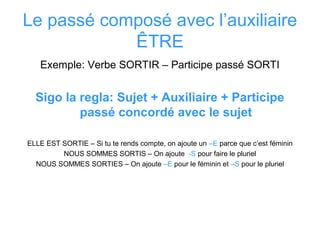 Le passé composé avec l’auxiliaire
ÊTRE
Exemple: Verbe SORTIR – Participe passé SORTI
Sigo la regla: Sujet + Auxiliaire + Participe
passé concordé avec le sujet
ELLE EST SORTIE – Si tu te rends compte, on ajoute un –E parce que c’est féminin
NOUS SOMMES SORTIS – On ajoute -S pour faire le pluriel
NOUS SOMMES SORTIES – On ajoute –E pour le féminin et –S pour le pluriel
 