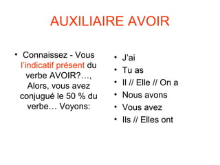 AUXILIAIRE AVOIR
• Connaissez - Vous
l’indicatif présent du
verbe AVOIR?…,
Alors, vous avez
conjugué le 50 % du
verbe… Voyons:
• J’ai
• Tu as
• Il // Elle // On a
• Nous avons
• Vous avez
• Ils // Elles ont
 