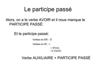 Le participe passé
Alors, on a le verbe AVOIR et il nous manque le
PARTICIPE PASSÉ:
Et le participe passé:
Verbes en ER: - É
Verbes en IR: - I
- I (Finir),
- U (Venir)
Verbe AUXILIAIRE + PARTICIPE PASSÉ
 
