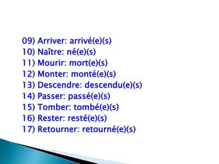 09) Arriver: arrivé(e)(s)10) Naître: né(e)(s)11) Mourir: mort(e)(s)12) Monter: monté(e)(s)13) Descendre: descendu(e)(s)14) Passer: passé(e)(s)15) Tomber: tombé(e)(s)16) Rester: resté(e)(s)17) Retourner: retourné(e)(s)