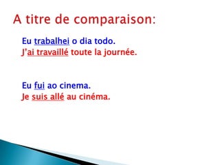 Eutrabalhei o diatodo.J’aitravaillétoute la journée.Eufuiao cinema.Je suisallé au cinéma.A titre de comparaison: