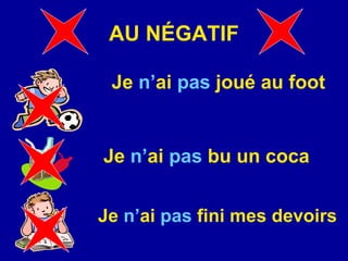 AU N É GATIF Je  n’ ai  pas  jou é  au foot Je  n’ ai  pas  bu un coca Je  n’ ai  pas  fini mes devoirs 