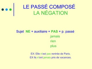 LE PASSÉ COMPOSÉ  LA NÉGATION Sujet  NE  + auxiliaire +  PAS  + p. passé   jamais   rien   plus EX: Elle  n’ est  pas  rentrée de Paris. EX Ils  n’ ont  jamais  pris de vacances. 