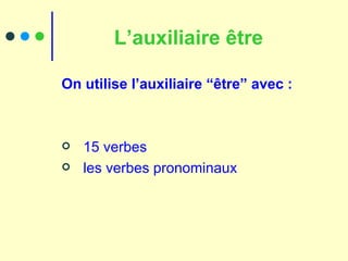L’auxiliaire être  On utilise l’auxiliaire “être” avec :  15 verbes  les verbes pronominaux 