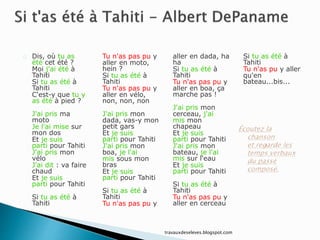Dis, où tu as
été cet été ?
Moi j'ai été à
Tahiti
Si tu as été à
Tahiti
C'est-y que tu y
as été à pied ?
J'ai pris ma
moto
Je l'ai mise sur
mon dos
Et je suis
parti pour Tahiti
J'ai pris mon
vélo
J'ai dit : va faire
chaud
Et je suis
parti pour Tahiti
Si tu as été à
Tahiti
Tu n'as pas pu y
aller en moto,
hein ?
Si tu as été à
Tahiti
Tu n'as pas pu y
aller en vélo,
non, non, non
J'ai pris mon
dada, vas-y mon
petit gars
Et je suis
parti pour Tahiti
J'ai pris mon
boa, je l'ai
mis sous mon
bras
Et je suis
parti pour Tahiti
Si tu as été à
Tahiti
Tu n'as pas pu y
aller en dada, ha
ha
Si tu as été à
Tahiti
Tu n'as pas pu y
aller en boa, ça
marche pas !
J'ai pris mon
cerceau, j'ai
mis mon
chapeau
Et je suis
parti pour Tahiti
J'ai pris mon
bateau, je l'ai
mis sur l'eau
Et je suis
parti pour Tahiti
Si tu as été à
Tahiti
Tu n'as pas pu y
aller en cerceau
Si tu as été à
Tahiti
Tu n'as pu y aller
qu'en
bateau...bis...
travauxdeseleves.blogspot.com
 