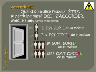 Attention!!!!
Quand on utilise l’auxiliar ÊTRE,
le participe passé DOIT S’ACCORDER
avec le sujet (genre et numéro):
Il EST SORTI de la maison
Elle EST SORTIE de la maison
Ils SONT SORTIS
de la maison
Elles SONT SORTIE S
de la maison

 