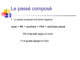 Le passé composé


Le passé composé à la forme négative:

sujet + NE + auxiliare + PAS + participe passé
Elle n'est pas venue au lycée
Tu n'as pas décidé ton futur.

 
