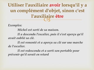 
Exemples:
Michel est sorti de sa maison.
Il a descendu l'escalier, puis il s'est aperçu qu'il
avait oublié sa clé.
Il est remonté et a aperçu sa clé sur une marche
de l'escalier.
Il est redescendu et a sorti son portable pour
prévenir qu'il serait en retard
Utiliser l'auxiliaire avoir lorsqu'il y a
un complément d'objet, sinon c'est
l'auxiliaire être
 