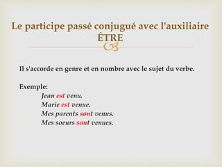 
Il s'accorde en genre et en nombre avec le sujet du verbe.
Exemple:
Jean est venu.
Marie est venue.
Mes parents sont venus.
Mes soeurs sont venues.
Le participe passé conjugué avec l'auxiliaire
ÊTRE
 