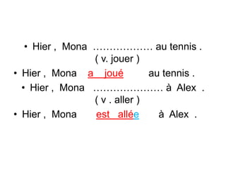 • Hier , Mona ……………… au tennis .
( v. jouer )
• Hier , Mona a joué au tennis .
• Hier , Mona ………………… à Alex .
( v . aller )
• Hier , Mona est allée à Alex .
 